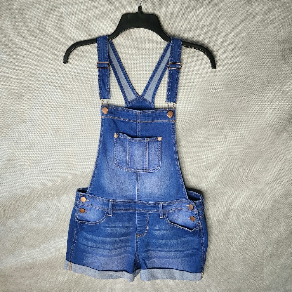 No Boundaries Juniors' Denim Cuffed Shortall Classic Blue Wash Cotton Blend